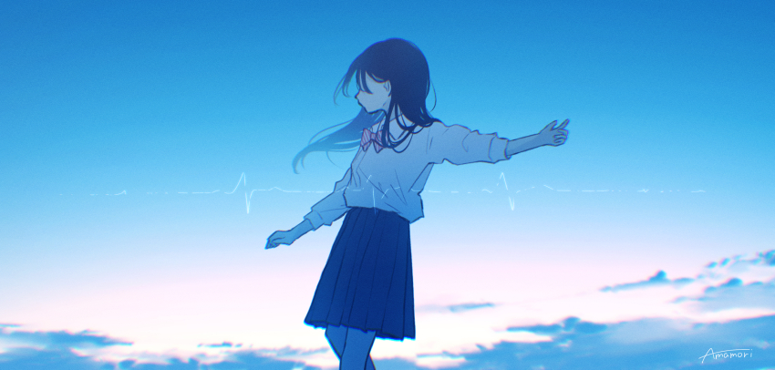 1girl amenomori_howa artist_name black_hair black_skirt blue_sky bow bowtie cardiogram cloud commentary_request day diagonal-striped_bow diagonal-striped_bowtie diagonal-striped_clothes floating_hair highres long_hair medium_skirt original outdoors pleated_skirt profile red_bow red_bowtie school_uniform shirt shirt_tucked_in skirt sky solo standing striped_clothes three-quarter_sleeves white_shirt wide_shot