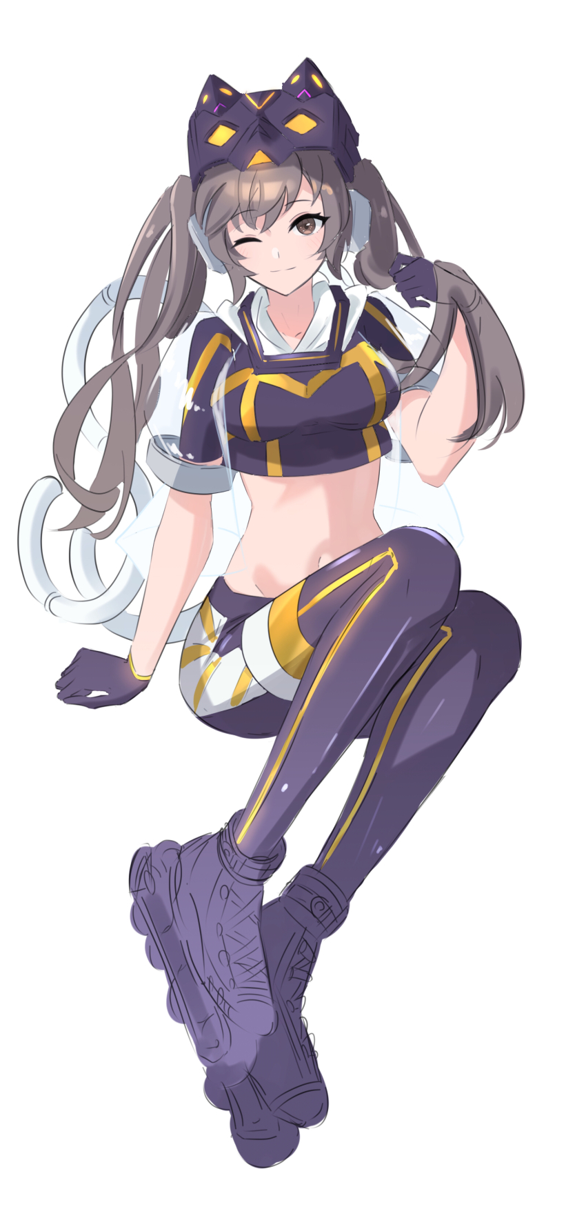 1girl absurdres black_gloves black_shorts breasts brown_eyes duel_monster gloves heichi highres i:p_masquerena long_hair looking_at_viewer medium_breasts midriff navel one_eye_closed roller_skates see-through_clothes short_sleeves shorts simple_background sitting skates solo twintails white_background yu-gi-oh!