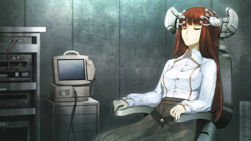 :o belt black_pantyhose brown_skirt closed_eyes collared_shirt game_cg headgear high-waist_skirt high_heels highres huke impossible_clothes indoors long_hair long_sleeves official_art pantyhose red_hair shiina_kagari shirt sitting skirt steins;gate steins;gate_0 white_shirt yellow_trim