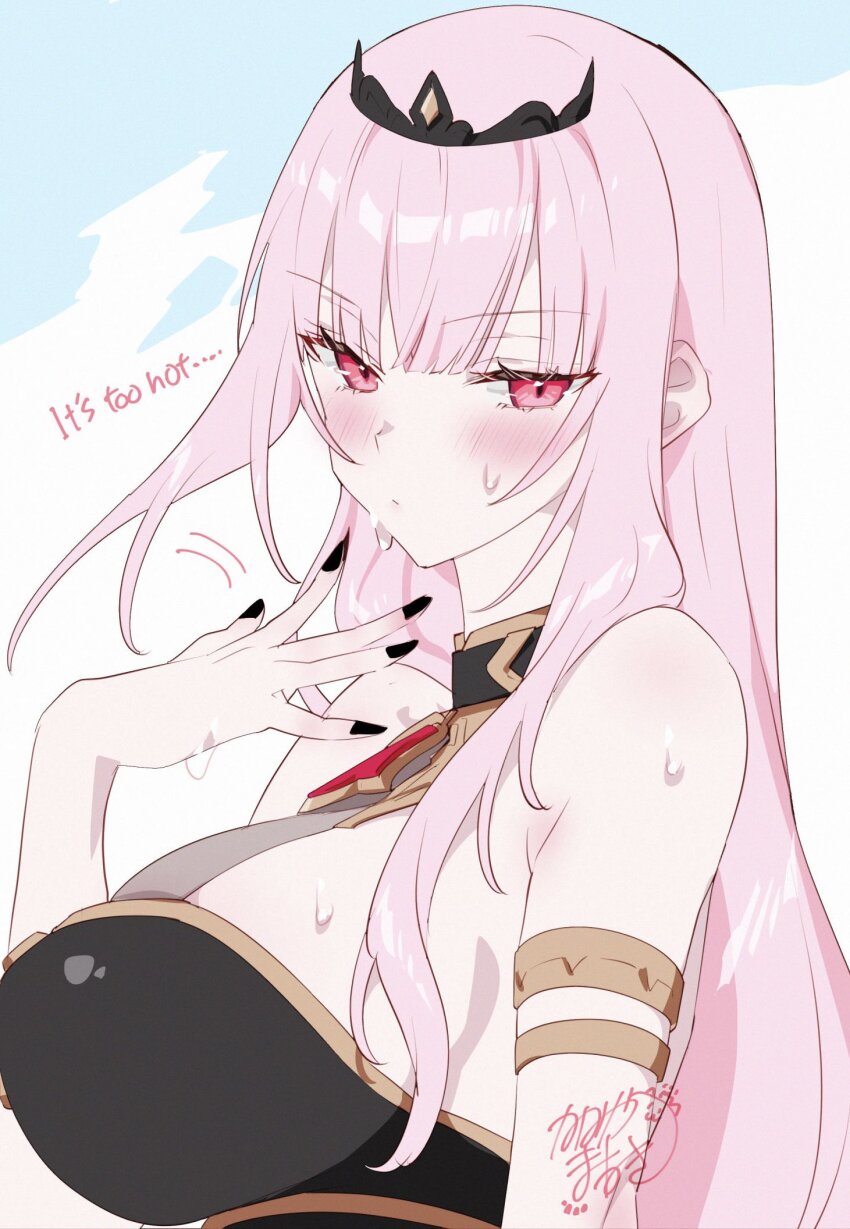 1girl black_dress black_nails breasts cleavage commentary dress fanning fanning_face fanning_self highres hololive hololive_english hot kamiya_maneki large_breasts long_hair looking_at_viewer mori_calliope mori_calliope_(1st_costume) pink_eyes pink_hair red_eyes solo sweat symbol-only_commentary tiara virtual_youtuber