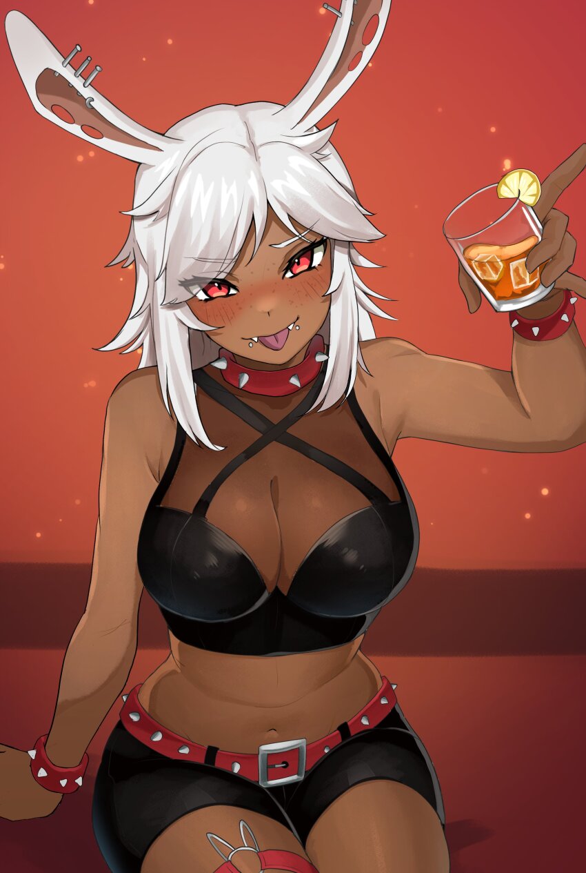 1girl absurdres animal_ear_piercing animal_ears bare_arms belt belt_buckle black_shirt black_shorts blush breasts buckle cleavage cocktail cocktail_glass collar commentary commission cowboy_shot crop_top cropped_shirt cup dark-skinned_female dark_skin drink drinking_glass english_commentary fangs food freckles fruit highres large_breasts leiden_yaegore lemon lemon_slice looking_at_viewer medium_hair midriff o-ring o-ring_thigh_strap orange_background original parted_bangs rabbit_ears rabbit_girl red_belt red_collar red_eyes see-through_cleavage see-through_clothes shirt short_shorts shorts sitting sleeveless sleeveless_shirt smile solo spiked_belt spiked_collar spikes thigh_strap tongue tongue_out white_hair
