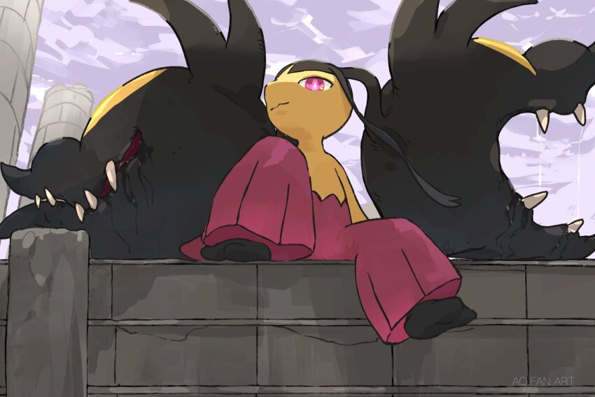 aomon_(yuuji7604) big_hair closed_mouth colored_skin extra_mouth full_body gen_3_pokemon highres mawile mega_mawile mega_pokemon nintendo no_humans open_mouth pink_eyes pokemon pokemon_(creature) pokemon_focus purple_eyes red_eyes saliva sharp_teeth sitting smile solo teeth yellow_skin