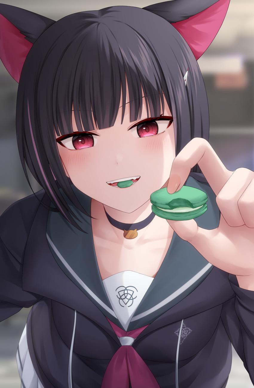 1girl absurdres animal_ears black_choker black_hair black_jacket blue_archive blush cat_ears chien_zero choker colored_inner_hair food hair_ornament hairclip highres holding holding_food hood hood_down hooded_jacket jacket kazusa_(blue_archive) long_sleeves looking_at_viewer macaron multicolored_hair open_mouth pink_hair pleated_skirt red_eyes short_hair skirt smile solo white_skirt