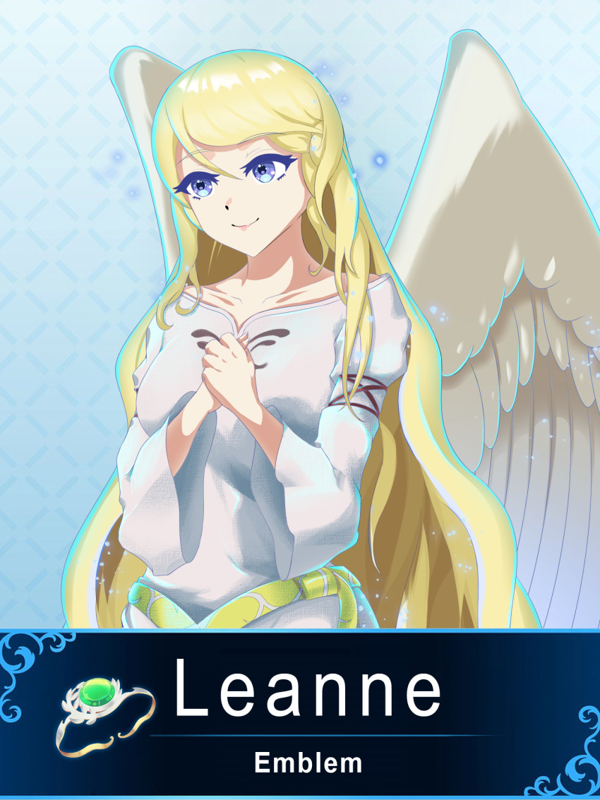 1girl alternate_eye_color angel_wings blonde_hair commission commissioner_upload dress english_text feathered_wings fire_emblem fire_emblem:_path_of_radiance fire_emblem:_radiant_dawn fire_emblem_engage grey_eyes hair_between_eyes highres keldancon leanne_(fire_emblem) long_hair nintendo own_hands_clasped own_hands_together smile solo_focus white_dress white_wings wings