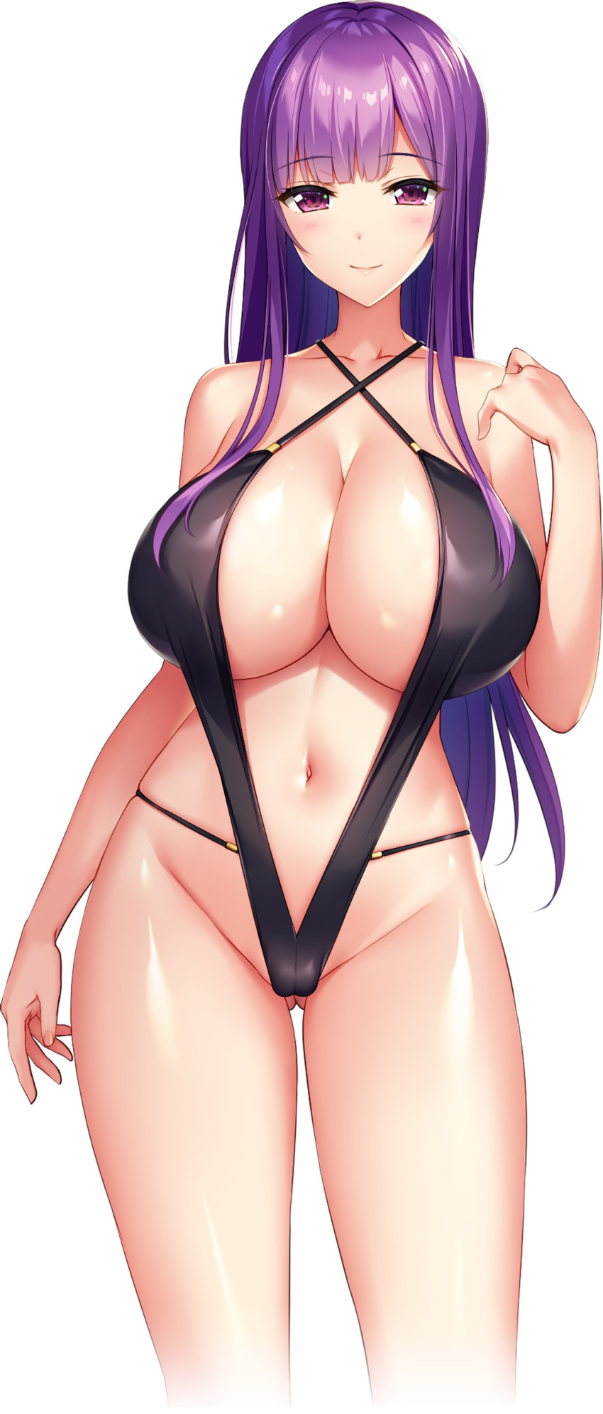 1girl absurdres ass black_slingshot_swimsuit blunt_bangs blush breasts cleavage closed_mouth curvy derauea game_cg gluteal_fold highres hoshioki_megumi huge_breasts long_hair long_sidelocks looking_at_viewer mature_female milk_factory motto!_haramase!_honoo_no_oppai_chou_ero_appli_gakuen! navel non-web_source official_art purple_eyes purple_hair revealing_clothes sidelocks skindentation slingshot_swimsuit smile sprite swimsuit tachi-e