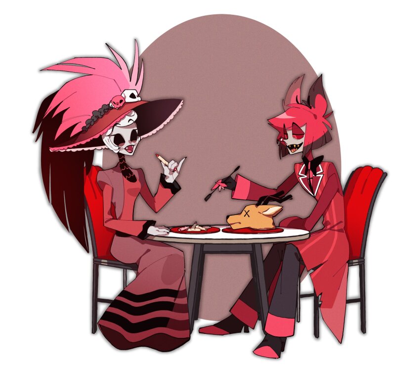 1boy 1girl alastor_(hazbin_hotel) animal_ears antlers black_bow black_bowtie black_eyes black_footwear black_gloves black_lips black_nails black_pants bow bowtie brown_background brown_hair cannibalism chair coat colored_sclera colored_skin colored_teeth commentary deer_antlers deer_boy deer_ears deer_head dress eyes_visible_through_hair eyeshadow fangs film_grain fork full_body gloves grey_skin half-closed_eyes hat hat_feather hat_ornament hazbin_hotel highres holding holding_fork horns juliet_sleeves long_dress long_sleeves looking_at_another makeup meat_day monocle multicolored_hair nail_polish open_mouth pants pinky_out plate pointing pointing_at_another puffy_sleeves red-tinted_eyewear red_coat red_dress red_eyes red_eyeshadow red_hair red_headwear red_sclera red_shirt rosie_(hazbin_hotel) severed_finger sharp_teeth shirt shoes short_hair simple_background sitting skull_hat_ornament smile solid_eyes striped_coat sweetp247 teeth tinted_eyewear traditional_bowtie two-tone_background two-tone_hair white_background white_hair x_x yellow_teeth