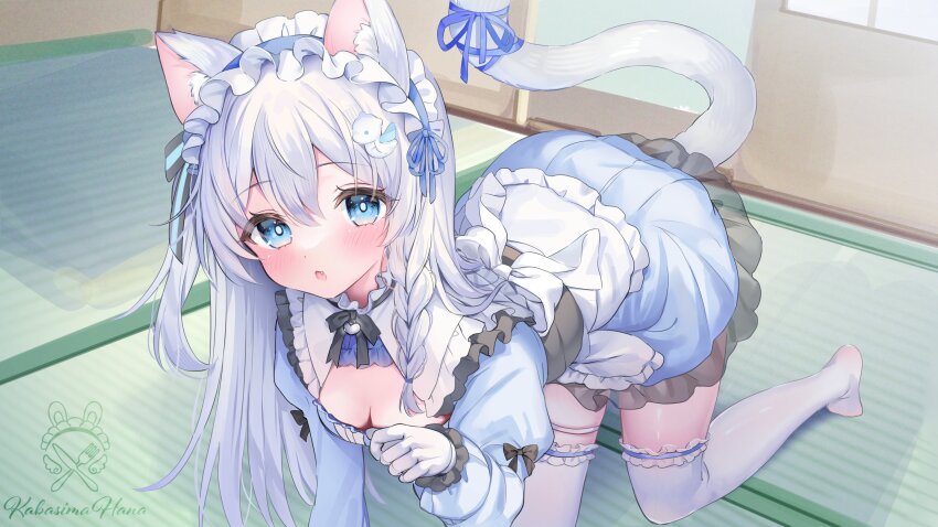 1girl absurdres all_fours animal_ear_fluff animal_ears apron arm_up artist_logo artist_name black_bow black_choker black_ribbon blue_dress blue_eyes blue_hairband blue_ribbon blush bow braid cat_ears cat_girl cat_tail choker dragon_hair_ornament dress fang frilled_apron frilled_dress frills gloves hairband heart heart_choker highres kabashima_hana logo long_hair long_sleeves looking_at_viewer maid maid_headdress neck_ribbon open_mouth original ribbon solo tail tail_ornament tail_raised tail_ribbon thighhighs white_apron white_gloves white_hair white_thighhighs