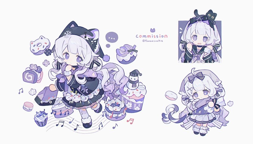 1girl @_@ ball_hands black_dress black_hat black_sailor_collar black_shoes blunt_bangs chibi chibi_only closed_mouth commission donut dress food full_body hat highres kanae_(cookie) long_hair long_sleeves looking_at_viewer multiple_views neckerchief open_mouth original purple_eyes purple_neckerchief sailor_collar shoes simple_background socks standing standing_on_one_leg twitter_username white_background white_hair white_socks