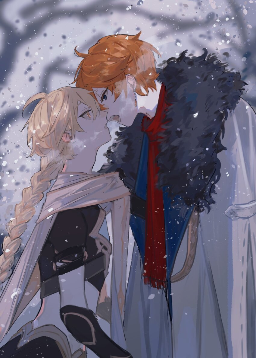 2boys aether_(genshin_impact) ahoge black_gloves blonde_hair blue_eyes blurry blurry_background braid breath cape coat crop_top earrings eye_contact from_side fur-trimmed_coat fur_trim genshin_impact gloves hair_between_eyes highres jacket jewelry long_hair long_sleeves looking_at_another male_focus midriff multiple_boys open_mouth orange_hair outdoors parted_lips red_scarf scarf short_hair short_sleeves single_braid single_earring snow snowing tartaglia_(genshin_impact) whale_52hz_o white_coat yaoi yellow_eyes