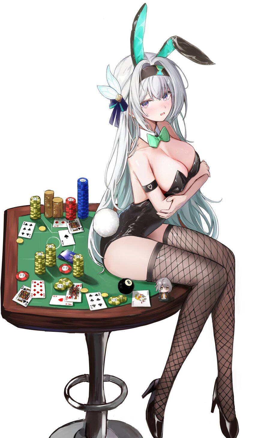 1girl absurdres ace_(playing_card) ace_of_hearts ace_of_spades alternate_costume animal_ears aqua_hair armband arms_under_breasts bare_shoulders black_armband black_hairband black_leotard black_pantyhose black_shoes blush bow bowtie breasts card cleavage commentary_request dana_(hapong07) detached_collar fake_animal_ears fake_tail firefly_(honkai:_star_rail) fishnet_pantyhose fishnets from_side full_body gradient_hair green_bow green_bowtie grey_hair hair_between_eyes hairband heart high_heels highres honkai:_star_rail honkai_(series) joker_(playing_card) king_(playing_card) king_of_spades large_breasts leotard long_hair looking_at_viewer looking_to_the_side multicolored_hair pantyhose parted_lips playboy_bunny playing_card poker_chip purple_eyes queen_(playing_card) queen_of_hearts_(playing_card) rabbit_ears rabbit_tail shoes simple_background sitting six_of_clubs solo spade_(shape) strapless strapless_leotard tail ten_of_diamonds three_of_diamonds very_long_hair white_background