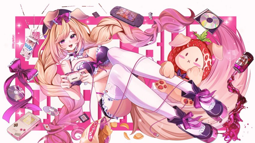 1girl absurdres animal_ears artist_name blonde_hair breasts can cd chips_(food) cleavage commentary controller dog_ears dog_girl dog_tail drink_can english_commentary food fruit full_body game_console game_controller harunaki highres holding holding_controller holding_game_controller indie_virtual_youtuber large_breasts long_hair looking_at_viewer momochan_(vtuber) multicolored_hair open_mouth parted_bangs pocky potato_chips purple_eyes purple_shoes ribbon shoes smile soda soda_can solo spilling strawberry stuffed_animal stuffed_dog stuffed_toy swept_bangs tail thighhighs very_long_hair virtual_youtuber white_thighhighs