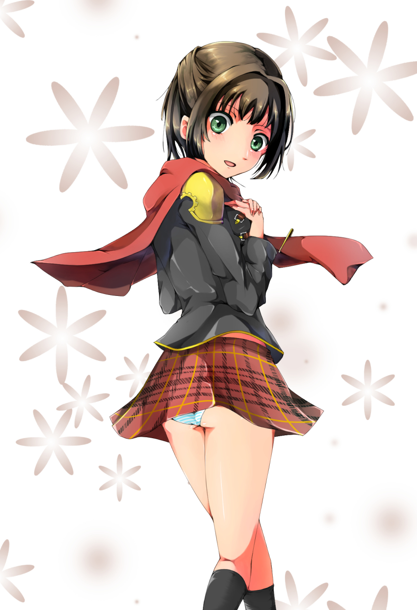 1girl ass blush brown_hair capelet deuce_(fft-0) female_focus final_fantasy final_fantasy_type-0 from_behind green_eyes half_updo highres kana_(rose37) long_hair looking_at_viewer open_mouth panties pantyshot school_uniform shiny_skin smile solo underwear