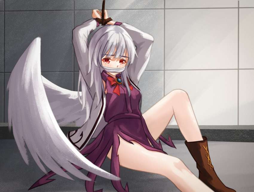 1girl boots bound bound_wrists bow bowtie brown_boots chunjiu cloth_gag commentary dress feathered_wings gag gagged grey_hair highres improvised_gag jacket kishin_sagume long_sleeves looking_at_viewer open_clothes open_jacket purple_dress red_bow red_bowtie red_eyes restrained single_wing solo suit_jacket touhou white_wings wings