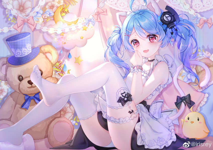 1girl absurdres ahoge animal_ears apron azur_lane bad_link black_bow black_choker black_skirt blue_bow blue_hair blush bow cat_ears cat_tail choker creature fake_animal_ears fang feet feet_up flower foot_out_of_frame frilled_apron frilled_thigh_strap frills hair_ornament hairclip hand_up highres irisrey knees_up lena_(azur_lane) long_hair looking_at_viewer manjuu_(azur_lane) no_shoes on_bed open_mouth panties pillow pink_bow pink_flower red_eyes sitting skin_fang skirt star_(symbol) stuffed_animal stuffed_toy tail tail_bow tail_ornament tail_raised tearing_up teddy_bear thigh_strap thighhighs twintails underwear watermark weibo_watermark white_apron white_panties white_thighhighs wrist_cuffs x_hair_ornament