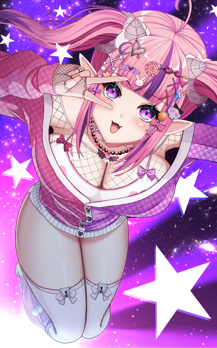 absurdres bandaid bandaid_hair_ornament biting bone_hair_ornament bow breasts button_hair_ornament candy_hair_ornament cleavage closed_mouth collar decora demon_girl demon_horns fingerless_gloves fishnet_gloves fishnets food-themed_hair_ornament gloves hair_bow hair_ornament heart heart_hair_ornament highres horns hossy ironmouse ironmouse_outfit_art_contest jacket large_breasts lollipop_hair_ornament long_hair looking_at_viewer multicolored_jacket open_mouth pink_bow pink_collar pink_eyes pink_hair pink_jacket purple_eyes purple_jacket rabbit_hair_ornament shirt skull_hair_ornament smile solo spiked_collar spikes star_(symbol) star_hair_ornament thighhighs two-tone_jacket v v_over_eye virtual_youtuber vshojo white_shirt white_thighhighs x_hair_ornament