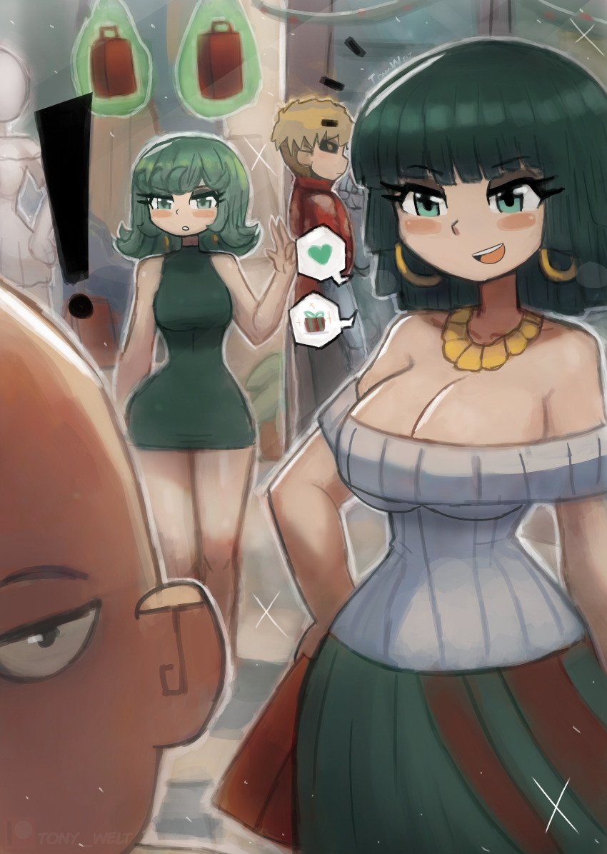 ! 2boys 3girls bag bald black_eyes black_sclera blonde_hair blush breasts christmas cleavage collarbone colored_sclera dress earrings fubuki_(one-punch_man) genos green_dress green_eyes green_hair green_skirt hand_on_own_hip heart holding holding_bag hoop_earrings jacket jewelry large_breasts long_sleeves medium_breasts multiple_boys multiple_girls necklace off-shoulder_shirt off_shoulder one-punch_man open_mouth red_jacket saitama_(one-punch_man) shirt shopping_bag short_hair siblings sisters skirt sleeveless sleeveless_dress smile sparkle speech_bubble spoken_gift spoken_heart standing tatsumaki teeth tony_welt white_shirt wide_hips window yellow_eyes