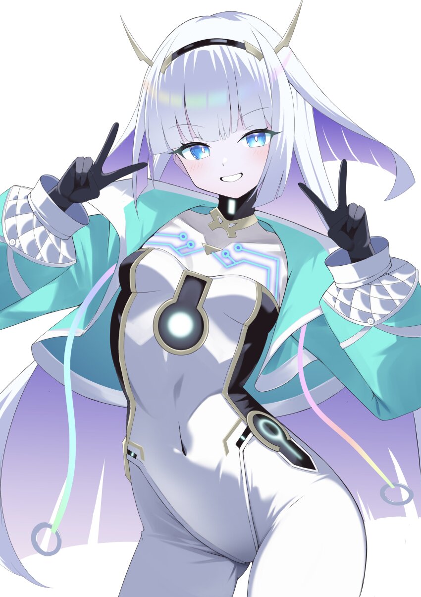 absurdres black_gloves blue_eyes bodysuit breasts covered_navel double_v gloves green_jacket highres jacket looking_at_viewer shadowverse:_worlds_beyond simple_background small_breasts v white_background white_bodysuit white_hair wottosei