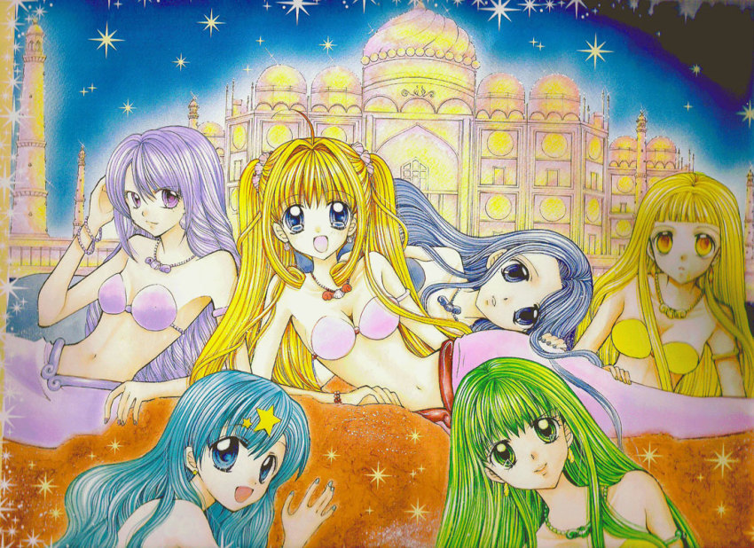 00s 6+girls :d adjusting_hair ahoge armlet bikini bikini_top_only blonde_hair blue_eyes blue_hair blunt_bangs bracelet breasts caren_(mermaid_melody_pichi_pichi_pitch) castle cleavage coco_(mermaid)_(mermaid_melody_pichi_pichi_pitch) coco_(mermaid_melody_pichi_pichi_pitch) earrings everyone green_eyes green_hair hair_intakes hair_ornament hanamori_pink head_tilt houshou_hanon houshou_hanon_(mermaid) jewelry long_hair lying mermaid mermaid_melody_pichi_pichi_pitch midriff mole monster_girl multiple_girls nail_polish nanami_lucia nanami_lucia_(mermaid) narrow_waist navel necklace night night_sky noel_(mermaid_melody_pichi_pichi_pitch) official_art on_side open_mouth outdoors pendant purple_eyes purple_hair reclining rock scrunchie siblings sisters sitting sky smile sparkle star_(symbol) star_hair_ornament swimsuit touin_rina touin_rina_(mermaid) twins very_long_hair yellow_eyes