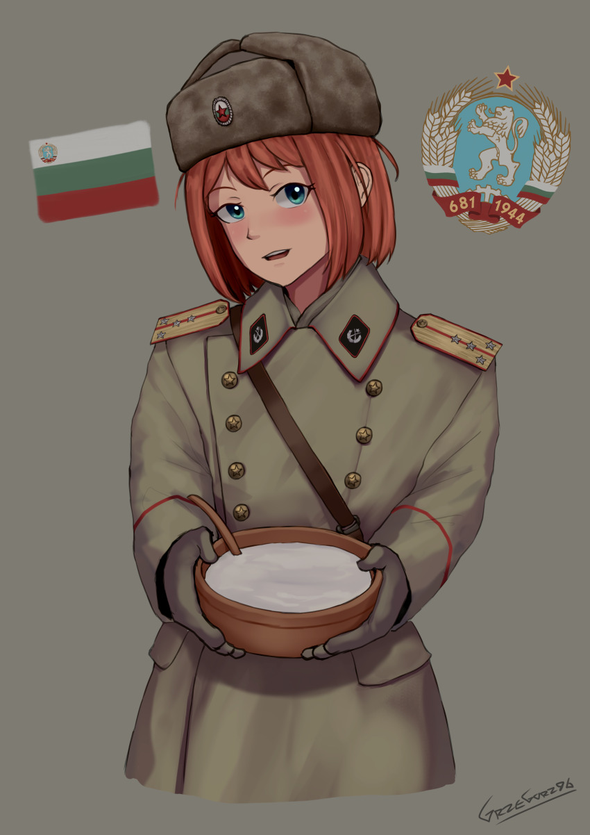 1girl absurdres aqua_eyes artist_name blush bowl brown_hat bulgaria bulgarian_flag bulgarian_people&#039;s_army buttons coat cold_war collar_tabs double-breasted emblem green_coat green_hat grey_background grzegorz1996 hat highres holding holding_bowl looking_at_viewer military military_rank_insignia military_uniform open_mouth original red_hair short_hair shoulder_boards simple_background soldier solo trench_coat upper_body ushanka