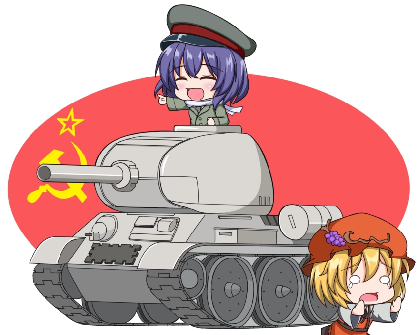 2girls aki_minoriko blonde_hair caterpillar_tracks chibi closed_eyes communism dress dress_shirt food fruit grapes hammer_and_sickle hat jacket letty_whiterock light_purple_hair long_sleeves military military_vehicle motor_vehicle multiple_girls open_mouth peaked_cap scarf shirt short_hair soviet t-34 t-34/85 takaman_(gaffe) tank tears touhou ussr vehicle