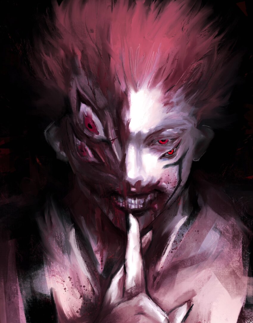 1boy asymmetrical_eyes black_background black_nails bleeding blood blood_from_mouth blood_on_face chest_tattoo collarbone domain_expansion extra_eyes facial_tattoo four_eyes hand_up highres injury jujutsu_kaisen looking_at_viewer male_focus muscular muscular_male nosebleed open_mouth painterly pink_hair red_eyes ryoumen_sukuna_(jujutsu_kaisen) ryoumen_sukuna_(true_form)_(jujutsu_kaisen) short_hair shoulder_tattoo solo spiked_hair tattoo teeth topless_male xa8uofivf2mcart
