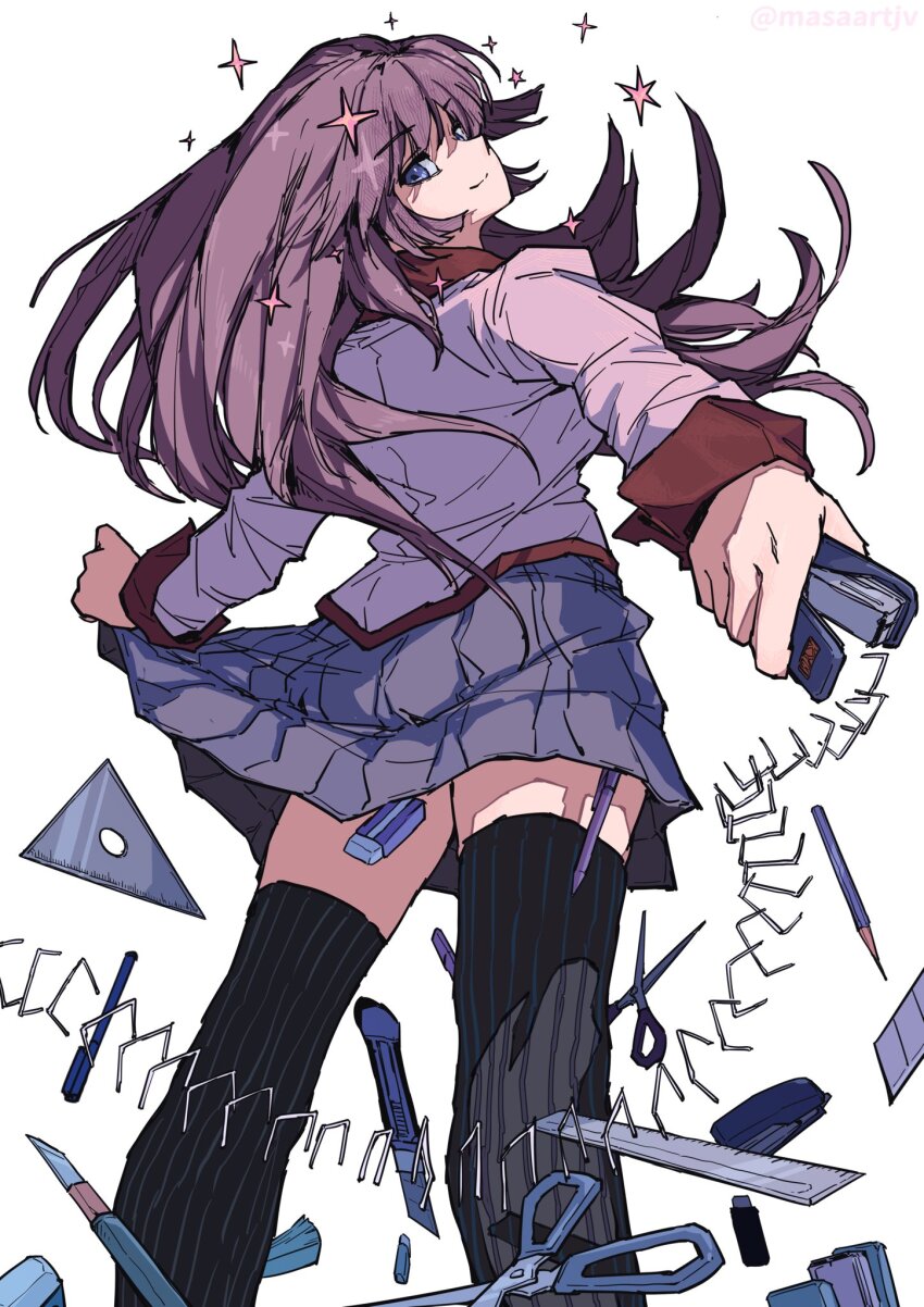 1girl bakemonogatari black_thighhighs boxcutter eraser from_behind grey_skirt highres holding holding_stapler long_hair looking_back masaartjv monogatari_(series) pink_shirt protractor purple_hair ruler scissors senjougahara_hitagi set_square shirt skirt smile solo staple stapler striped_clothes striped_thighhighs thighhighs vertical-striped_clothes vertical-striped_thighhighs