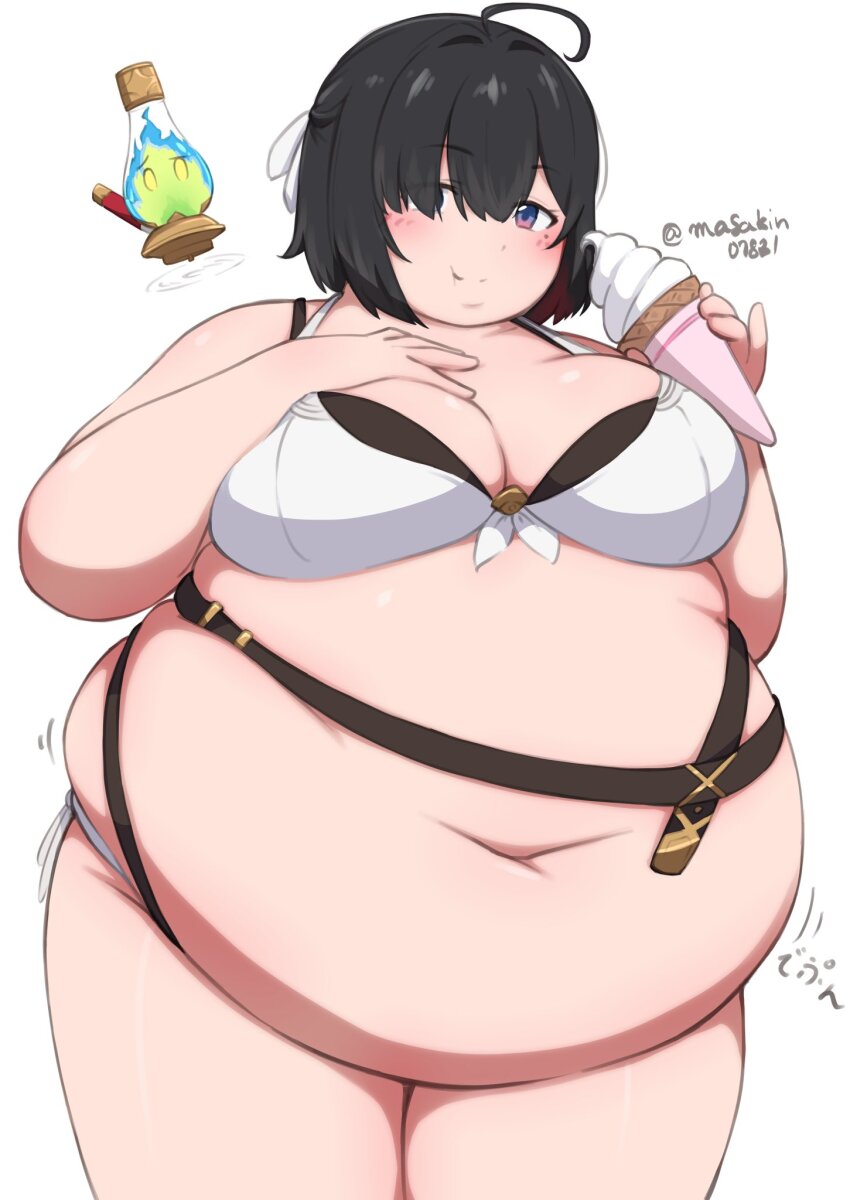 1girl atelier_(series) atelier_yumia belt big_belly bikini black_hair blush bong breasts fat fat_woman floating food front-tie_bikini_top front-tie_top hair_over_one_eye hair_ribbon hand_on_own_chest highres ice_cream ice_cream_cone large_breasts masakin navel obese puffy_cheeks purple_eyes ribbon short_hair side-tie_bikini_bottom skindentation smile solo standing swimsuit white_background white_bikini white_ribbon yumia_liessfeldt
