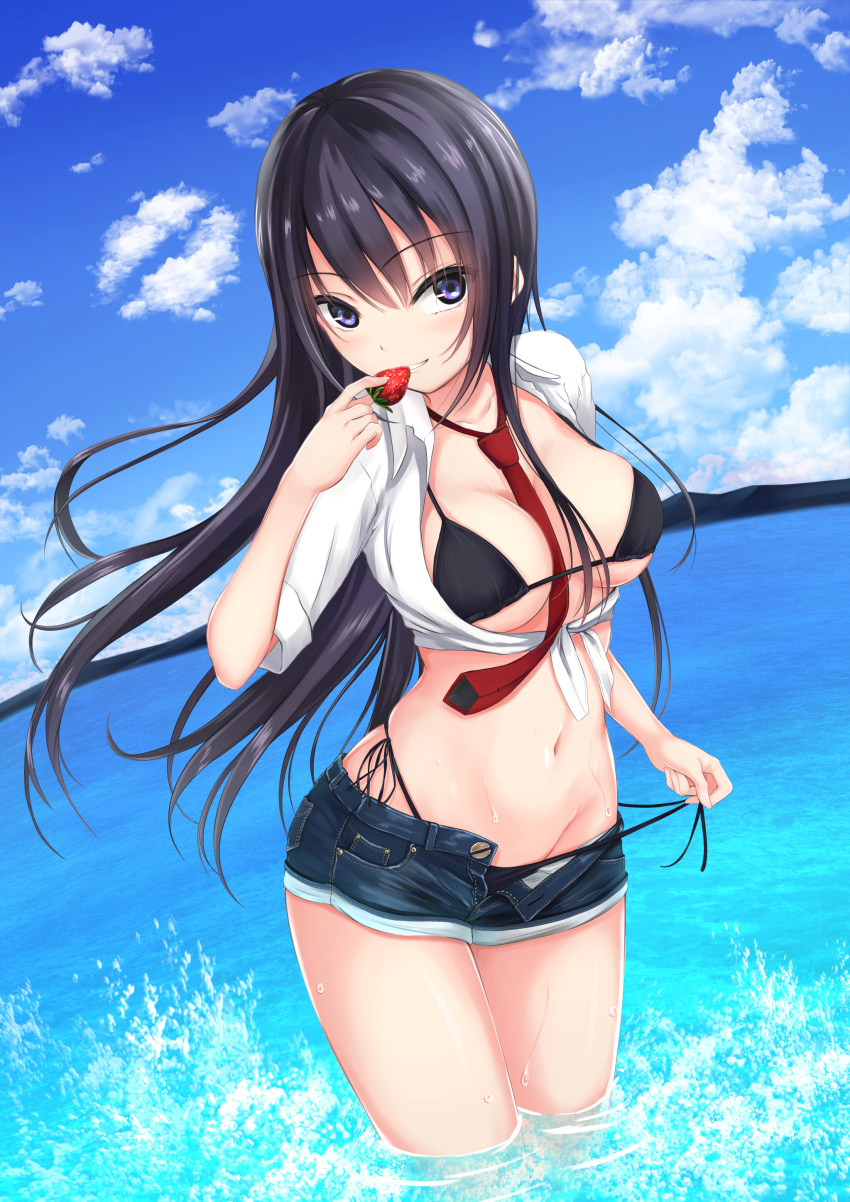 1girl absurdres bare_legs bikini black_bikini black_hair blue_eyes blue_sky borrowed_character breasts clip_studio_paint_(medium) cloud collared_shirt commentary_request denim denim_shorts female_focus food fruit grin highres holding holding_food holding_fruit kurokami_(kurokaminohito) long_hair looking_at_viewer medium_breasts mountainous_horizon navel necktie ocean open_clothes open_shirt original red_necktie shiramine_rika shirt short_shorts shorts side-tie_bikini_bottom sky smile solo swimsuit thighs unbuttoned water wet white_shirt