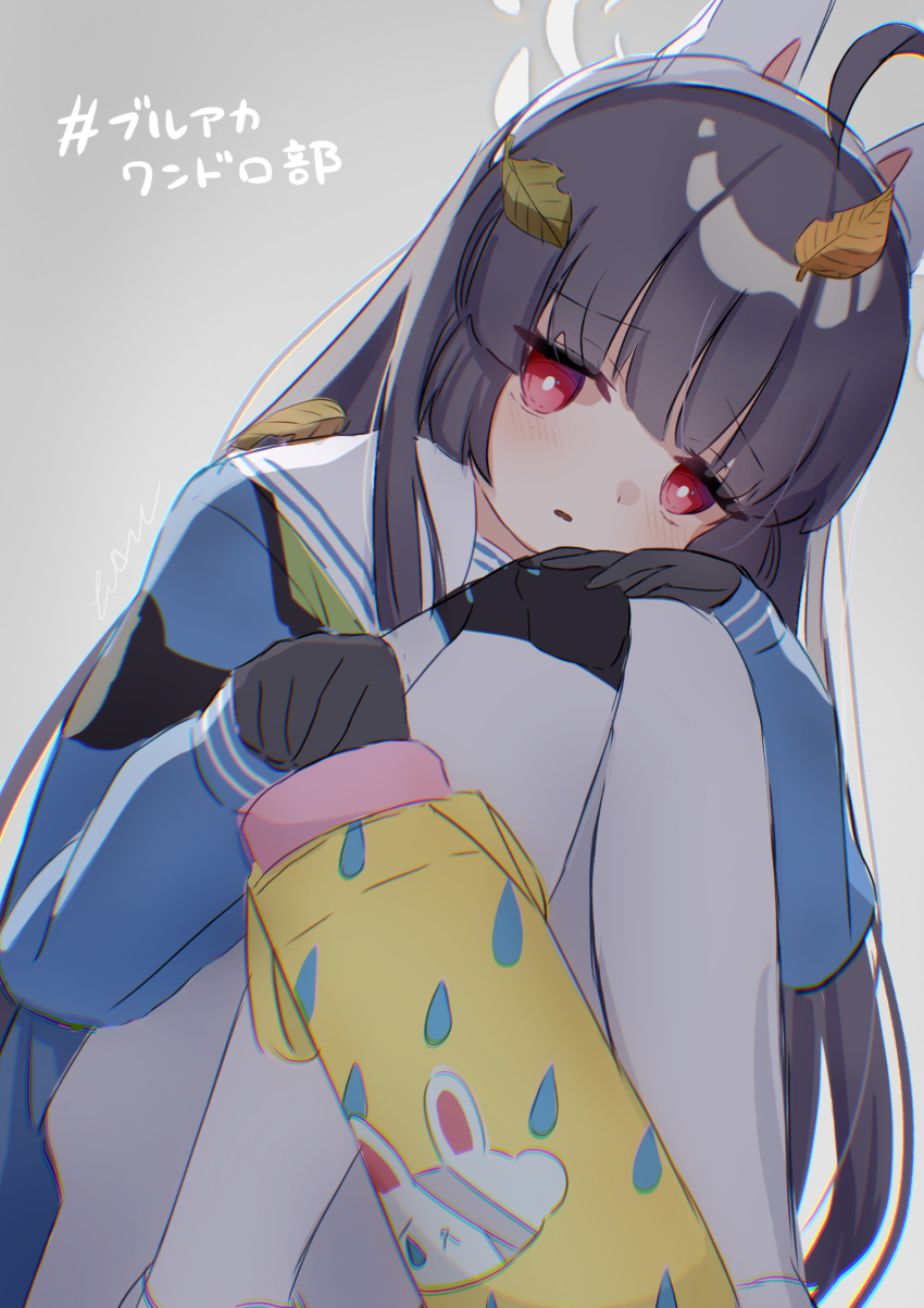 1girl ahoge animal_ears black_gloves black_hair blue_archive blue_serafuku blunt_bangs bottle bright_pupils commentary_request fake_animal_ears gloves green_neckerchief grey_background halo hashtag highres hime_cut leaf leaf_on_head long_hair miyu_(blue_archive) neckerchief pantyhose rabbit_ears red_eyes sailor_collar school_uniform serafuku solo tawashi_(hoisassa) translation_request water_bottle white_halo white_pupils white_sailor_collar