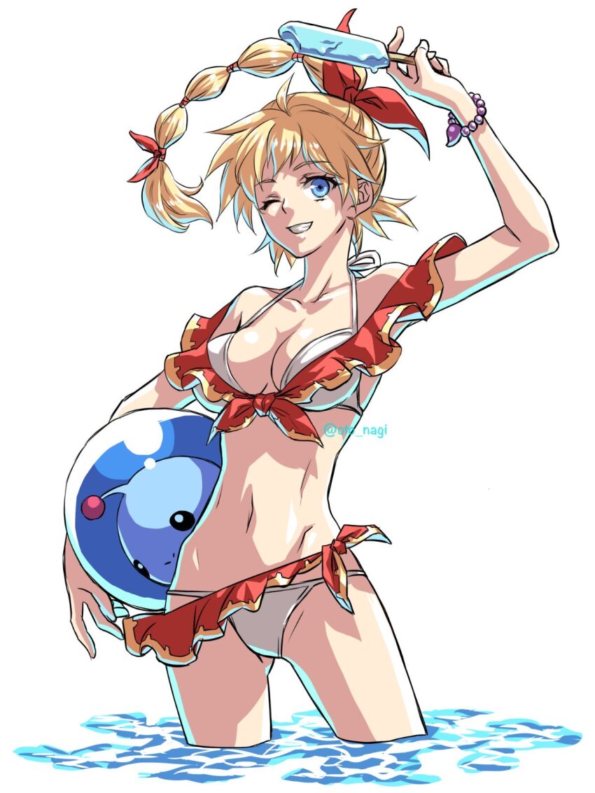 1girl alien bikini blonde_hair blue_eyes bracelet breasts chrono_cross collarbone high_ponytail highres jewelry kid_(chrono_cross) large_breasts long_hair looking_at_viewer medium_breasts multi-tied_hair navel one_eye_closed oto_nagi ponytail smile starky_(chrono_cross) swimsuit water white_bikini