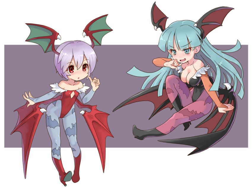 2girls animal_print bare_shoulders bat_print bat_wings blue_pantyhose blush breasts capcom darkstalkers demon_girl elbow_gloves fang flat_chest gloves green_eyes green_hair head_wings high_heels index_finger_raised katahira_masashi large_breasts leotard lilith_(darkstalkers) long_hair low_wings morrigan_aensland multiple_girls no_nose open_mouth pantyhose print_legwear print_pantyhose purple_hair red_footwear red_leotard short_hair skin_fang wings