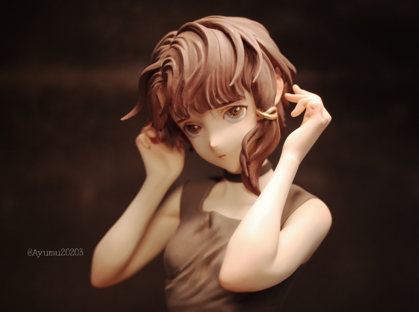 1girl breasts brown_eyes brown_hair choker dress garage_kit_(medium) grey_dress hamano_ayumu highres iwakura_lain looking_to_the_side photo_(medium) serial_experiments_lain short_hair small_breasts solo unconventional_media upper_body