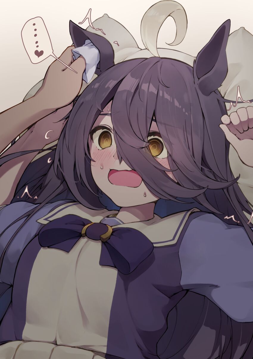 ... 1boy 1girl absurdres ahoge animal_ears black_hair blush bow bowtie flustered hair_between_eyes hand_on_another&#039;s_ear heart hibiki_(zerocodo) highres horse_ears horse_girl long_hair long_hair_between_eyes manhattan_cafe_(umamusume) motion_lines multicolored_hair pleated_skirt puffy_short_sleeves puffy_sleeves purple_bow purple_bowtie sailor_collar shirt_tucked_in short_sleeves skirt solo_focus speech_bubble spoken_ellipsis spoken_heart sweat sweatdrop umamusume uncommon_stimulation very_long_hair white_hair white_sailor_collar white_skirt yellow_eyes yukadon