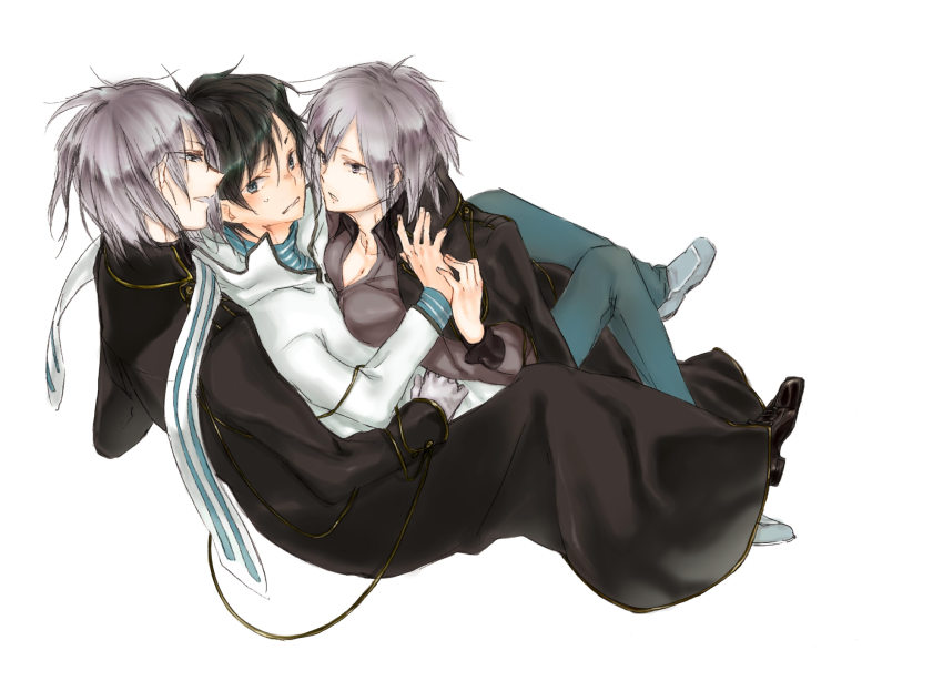 10s 1girl 2boys black_hair blue_eyes devil_survivor_(series) devil_survivor_2 gender_request genderswap gloves grey_hair highres hotsuin_miyako houtsuin_yamato jacket jacket_on_shoulders kuze_hibiki marukin multiple_boys protagonist_(devil_survivor_2)