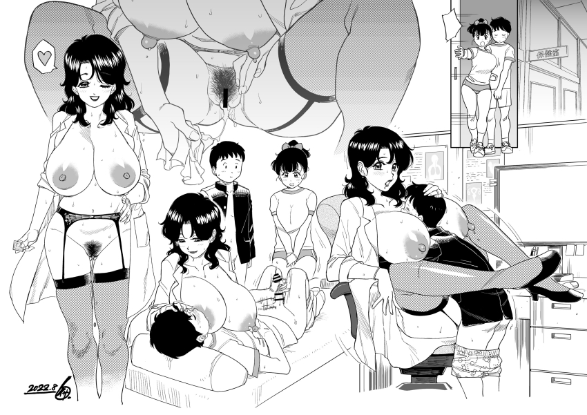 1boy 2girls age_difference between_breasts blush blushing_female breast_sucking breasts crossed_legs cum cum_in_pussy dress face_between_breasts fishnets happy_sex head_between_breasts heart height_difference high_heels highres huge_breasts isako_rokurou large_breasts lingerie lipstick long_dress long_hair looking_at_another makeup male_masturbation masturbation mature_female monochrome multiple_girls on_bed one_eye_closed onee-shota original ponytail presenting pubic_hair ribbon school_uniform sex sex_on_chair short_hair shota smile standing surprised sweat tagme topless_female underwear