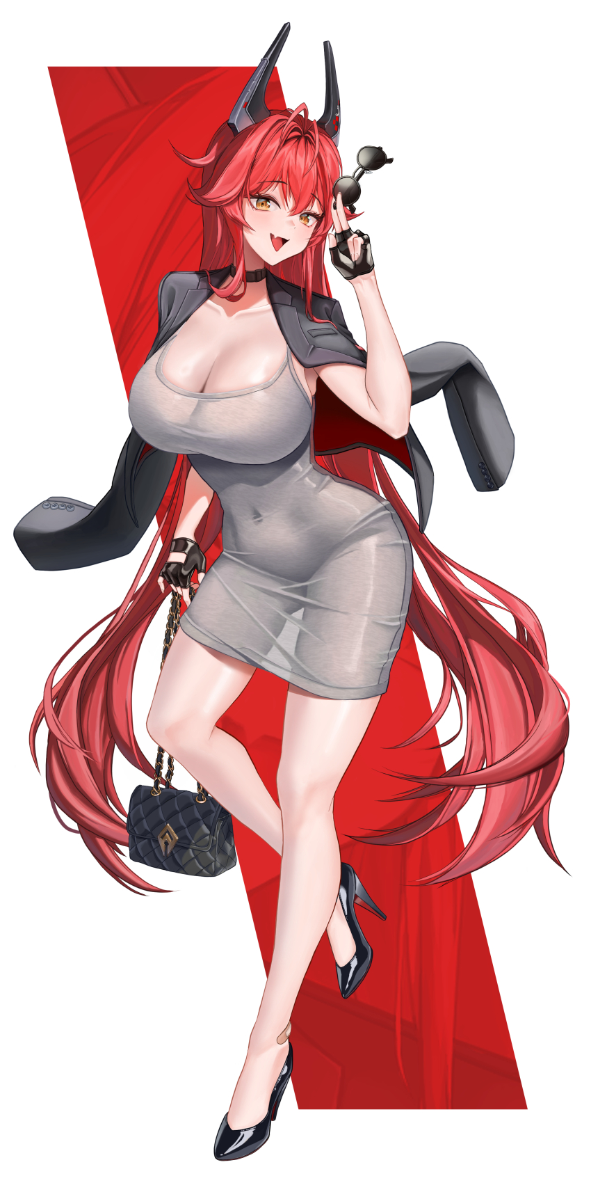 1girl absurdres alternate_costume bag black_gloves breasts covered_navel fang fingerless_gloves full_body gloves goddess_of_victory:_nikke handbag highres horns large_breasts mechanical_horns red_hair red_hood_(nikke) solo wonfle10 yellow_eyes