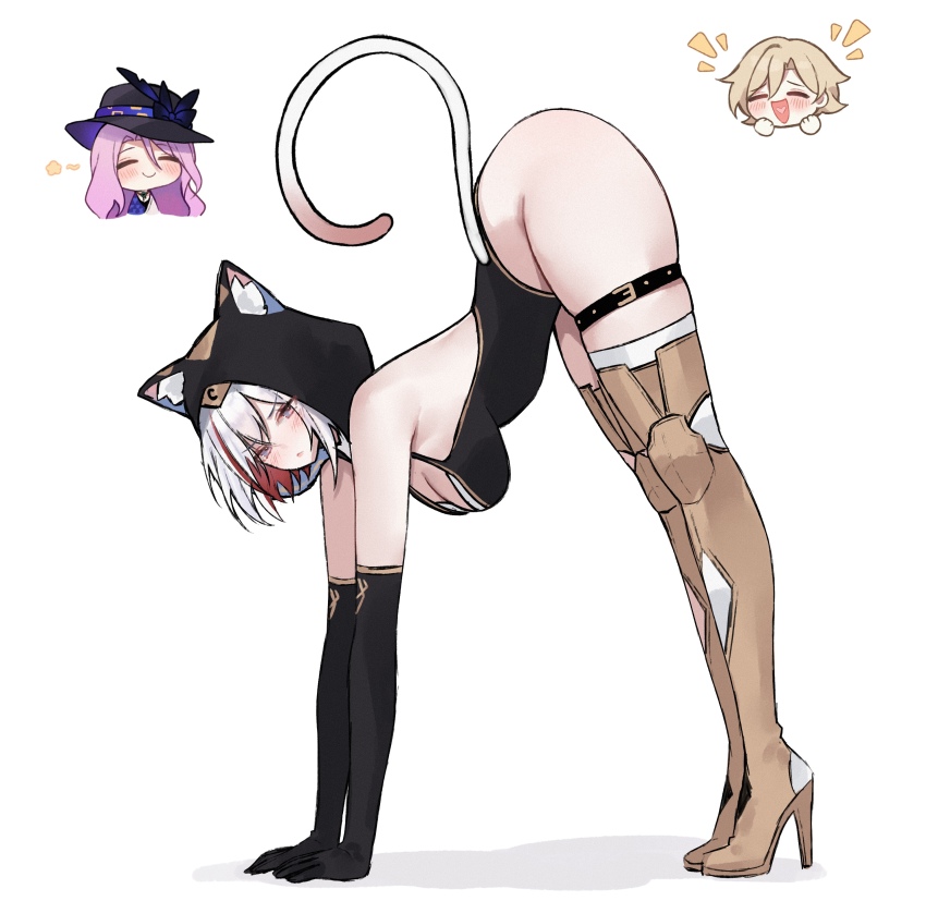 1boy 2girls absurdres all_fours animal_ears animal_hood aventurine_(honkai:_star_rail) belt black_gloves black_leotard blonde_hair blush boots breasts cat_ears cat_hood cat_tail cipher_(honkai:_star_rail) cipher_(honkai:_star_rail)_(cosplay) cleavage colored_inner_hair commentary cosplay elbow_gloves english_commentary from_side gloves gold_boots head_only heart heart_in_mouth high_heel_boots high_heels highres honkai:_star_rail honkai_(series) hood jade_(honkai:_star_rail) large_breasts large_hat leotard looking_at_viewer miclipse multicolored_hair multiple_girls purple_hair red_hair short_hair simple_background smile tail thigh_belt thigh_strap thighhighs topaz_(honkai:_star_rail) two-tone_hair white_background white_hair