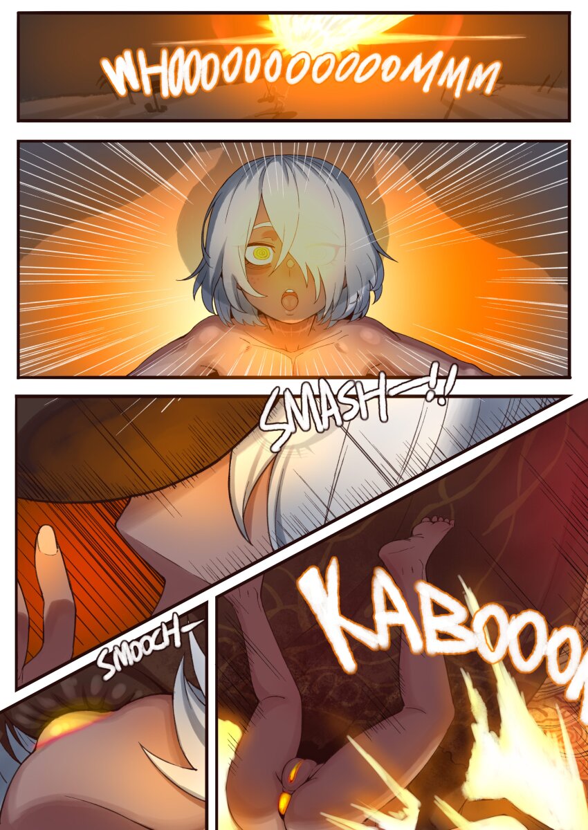 1girl absurdres bestiality blush breasts comic commentary dark-skinned_female dark_skin ebonyxh elden_ring english_commentary english_text explosion freckles glowing_anus glowing_lips glowing_pussy highres horse kissing_ass meteor orange_lips ringed_eyes scar scar_on_neck see-through_clothes short_hair small_breasts sound_effects sweat tarnished_(elden_ring) testicles uncensored white_hair