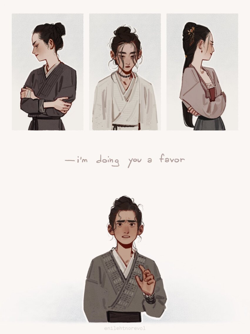 1girl 3boys artist_name from_behind bandaged_hand bandages black_eyes black_hair black_hanfu border chinese_clothes closed_mouth commentary crossed_arms cursed_shackle earrings english_commentary english_text enilehtnorevol feng_xin flower frown grey_background grey_hanfu hair_bun hair_flower hair_ornament hand_up hanfu highres jewelry jian_lan looking_at_viewer makeup mu_qing_(tianguan_cifu) multiple_boys neck_tattoo open_mouth pink_hanfu single_hair_bun tattoo tianguan_cifu topknot upper_body white_background white_border white_hanfu wispy_bangs xie_lian