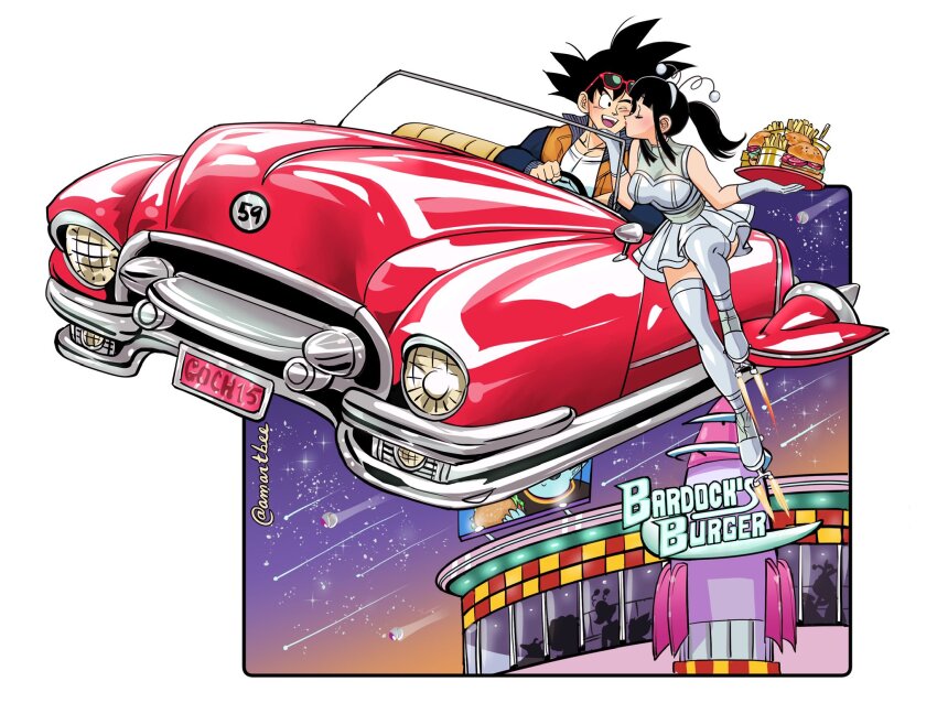 1boy 1girl amartbee black_eyes black_hair breasts chi-chi_(dragon_ball) commentary commission dragon_ball english_commentary eyewear_on_head flying_car food gloves highres holding holding_food husband_and_wife long_hair north_kaiou open_mouth short_hair smile son_goku space_pod spiked_hair sunglasses