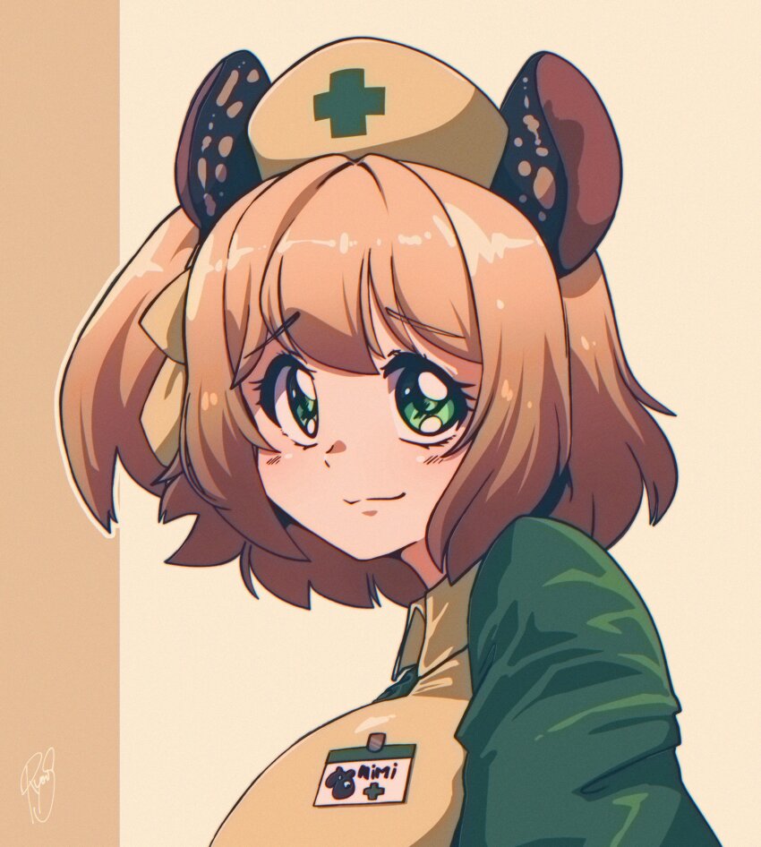 1990s_(style) 1girl absurdres animal_ears apron breasts brown_hair commentary english_commentary furrowed_brow green_eyes hat highres id_card indie_virtual_youtuber large_breasts long_sleeves looking_at_viewer nimi_nightmare nurse_cap one_side_up retro_artstyle ryou_sakai signature simple_background simple_bird solo tapir_ears tapir_girl upper_body virtual_youtuber wing_collar yellow_background