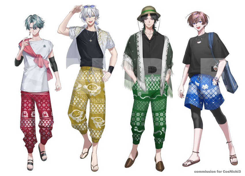 4boys :d anklet arm_up arm_warmers black_hair black_nails black_sandals black_shirt blue-tinted_eyewear blue_eyes blue_hair blue_nails blue_shorts brown_hair brown_hat brown_sandals brown_shoes by_the_beat chain chain_necklace closed_mouth collarbone collared_shirt commentary commission curtained_hair drawstring english_commentary eyewear_on_head fingernails flip-flops freodore_(nijisanji) green_pants grey_hair hair_between_eyes hand_in_pocket hand_on_own_hip hand_up hands_in_pockets hat highres jewelry kaelix_debonair kaohom503 looking_at_viewer low_ponytail male_focus medium_hair mole mole_under_eye mole_under_mouth multicolored_hair multiple_boys nail_polish necklace nijisanji nijisanji_en open_clothes open_mouth open_shirt pants parted_bangs pink_hair ponytail print_pants print_shorts purple_eyes red_pants sample_watermark sandals seible_(nijisanji) shirt shoes short_hair short_ponytail short_sleeves shorts simple_background sleeveless sleeveless_shirt smile streaked_hair sunglasses teeth thai_clothes tinted_eyewear toenail_polish toenails upper_teeth_only v-shaped_eyebrows watermark white_background white_hair white_shirt wristband yellow_pants zeal_ginjoka