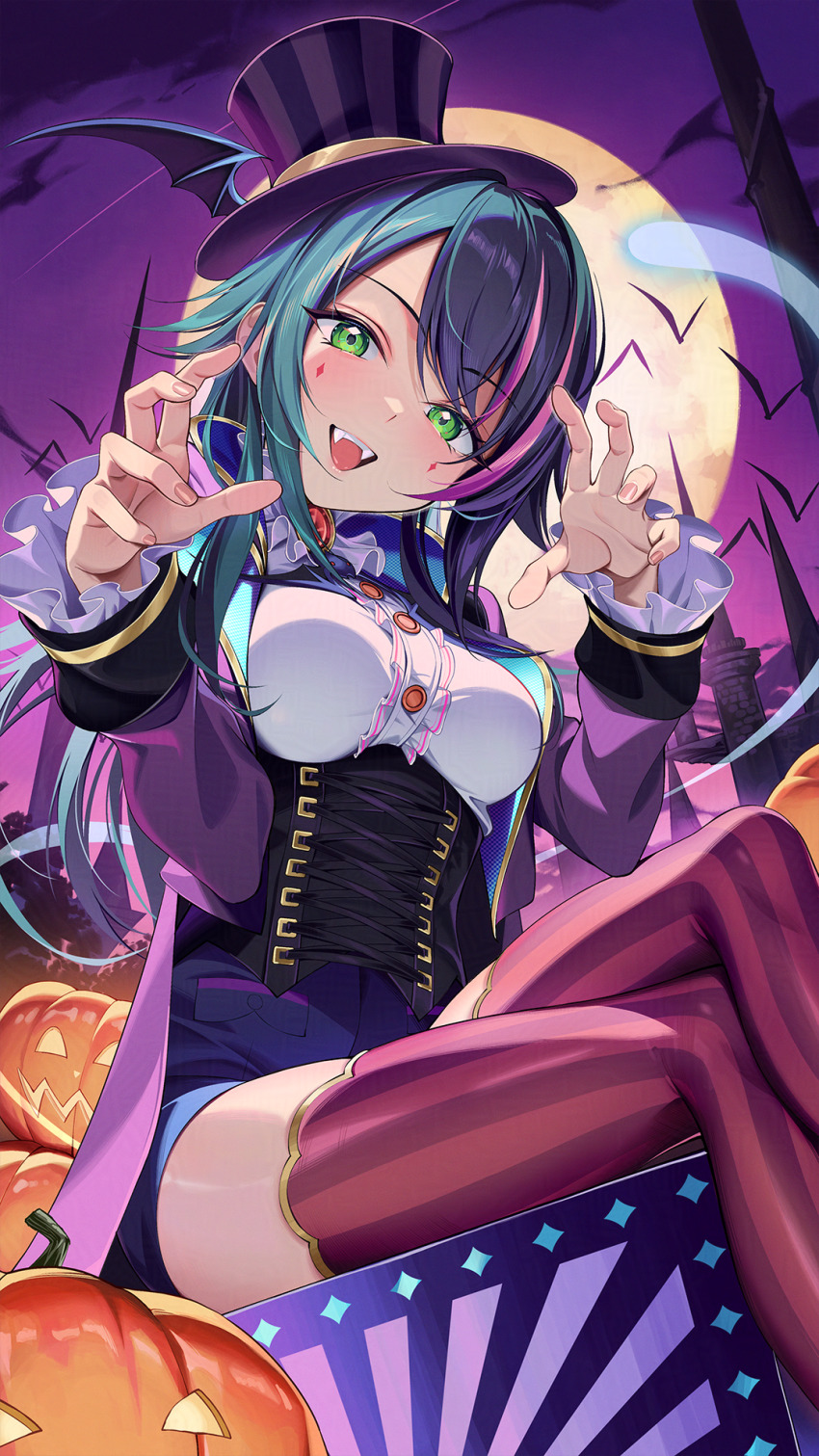 1girl ascot center_frills claw_pose commentary_request facial_mark fake_teeth frills full_moon gakuen_idolmaster green_eyes green_hair halloween halloween_costume hat highres idolmaster jack-o&#039;-lantern jacket kainown looking_at_viewer moon multicolored_hair open_mouth popped_collar pumpkin streaked_hair striped_clothes striped_thighhighs thighhighs tilted_headwear top_hat tsukimura_temari vertical-striped_clothes vertical-striped_thighhighs white_ascot