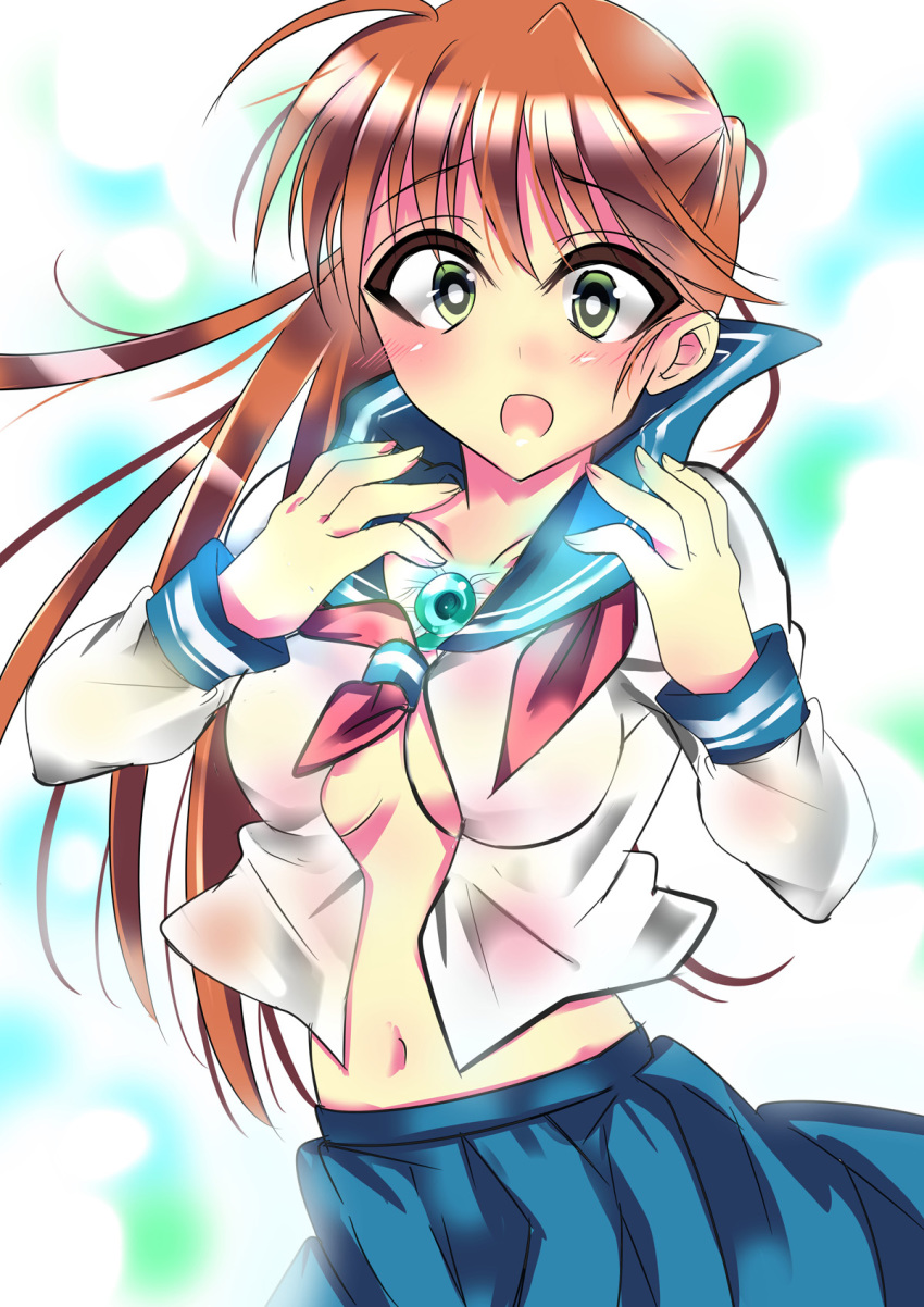 1990s_(style) 1girl bad_id bad_pixiv_id blue_seed blue_skirt blush breasts brown_hair female_focus fujimiya_momiji green_eyes half_updo highres long_hair magatama momonosaki navel no_bra open_clothes open_shirt pleated_skirt retro_artstyle school_uniform serafuku shirt skirt solo surprised underboob