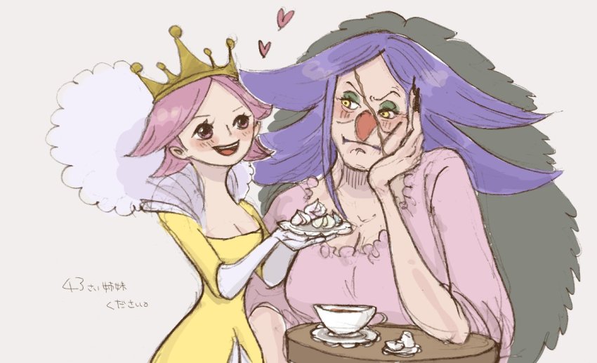 2girls candy charlotte_broyé charlotte_brulee food multiple_girls one_piece pink_hair purple_hair siblings sisters smile