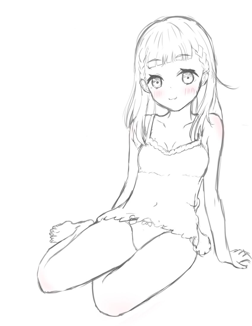 1girl alternate_costume bairasu_02 bare_shoulders barefoot bow bow_panties breasts camisole center-flap_bangs collarbone commentary covered_navel full_body greyscale highres kachimachi_kosuzu link!_like!_love_live! looking_at_viewer love_live! monochrome no_pants panties simple_background sitting small_breasts solo toes underwear virtual_youtuber white_background yokozuwari