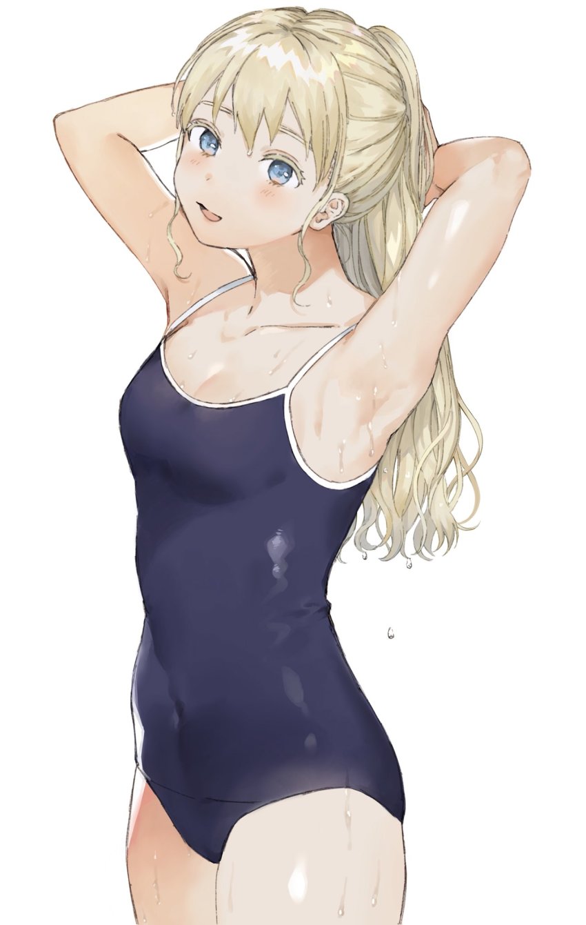 10s 1girl :d armpits asobi_asobase blonde_hair blue_one-piece_swimsuit blush breasts competition_school_swimsuit covered_navel female_focus highres long_hair looking_up olivia_(asobi_asobase) one-piece_swimsuit open_mouth school_swimsuit small_breasts smile solo spicy standing swimsuit very_long_hair water_drop wet white_background