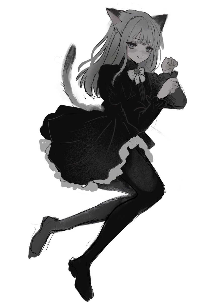 1girl akai_ringo_(eveyuno) animal_ears animal_hands black_dress cat_ears cat_girl cat_paws cat_tail dress highres looking_at_viewer original ribbon smile standing tail