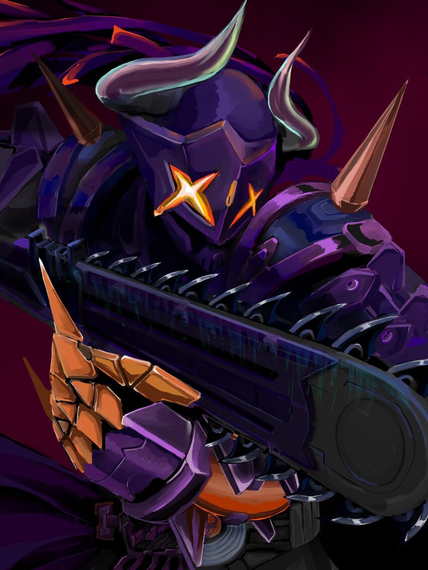 +_+ 1boy black_bodysuit bodysuit buffalo bull chainsaw claw_(weapon) commentary_request cowboy_shot desire_driver donguri_kaijin gloves highres holding holding_sword holding_weapon horns kamen_rider kamen_rider_buffa kamen_rider_geats_(series) logo long_hair looking_at_viewer male_focus purple_hair red_background scarf shoulder_spikes spikes splatter sword upper_body weapon zombie