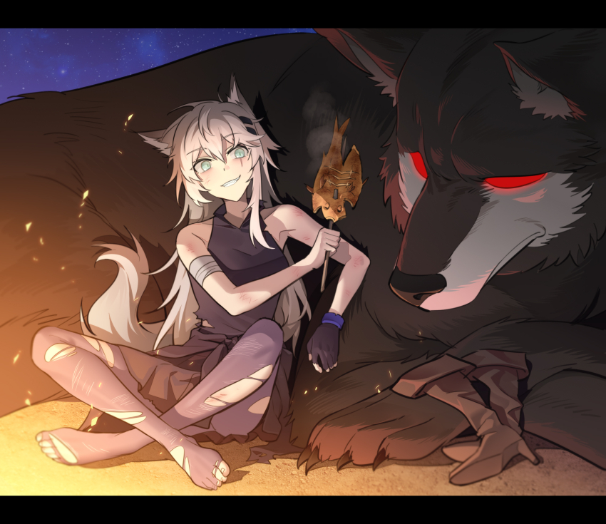 1girl animal animal_ears arknights bandaged_arm bandages bare_shoulders black_pantyhose boots bruise crossed_legs fingerless_gloves fish_(food) fried_fish gloves grey_hair grin hair_between_eyes hair_ornament hairclip highres holding holding_skewer injury lappland_(arknights) liang_chan_xing_make_tu long_hair night night_sky oversized_animal pantyhose scar scar_across_eye scar_on_face scrape skewer sky smile spoilers tail toes torn_clothes torn_pantyhose unworn_boots wolf wolf_ears wolf_girl wolf_tail zaaro_(arknights)